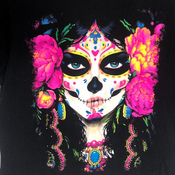 Sugar Skull Colorful Print Graphic Tee Shirt Size Large - Picture 2 of 5